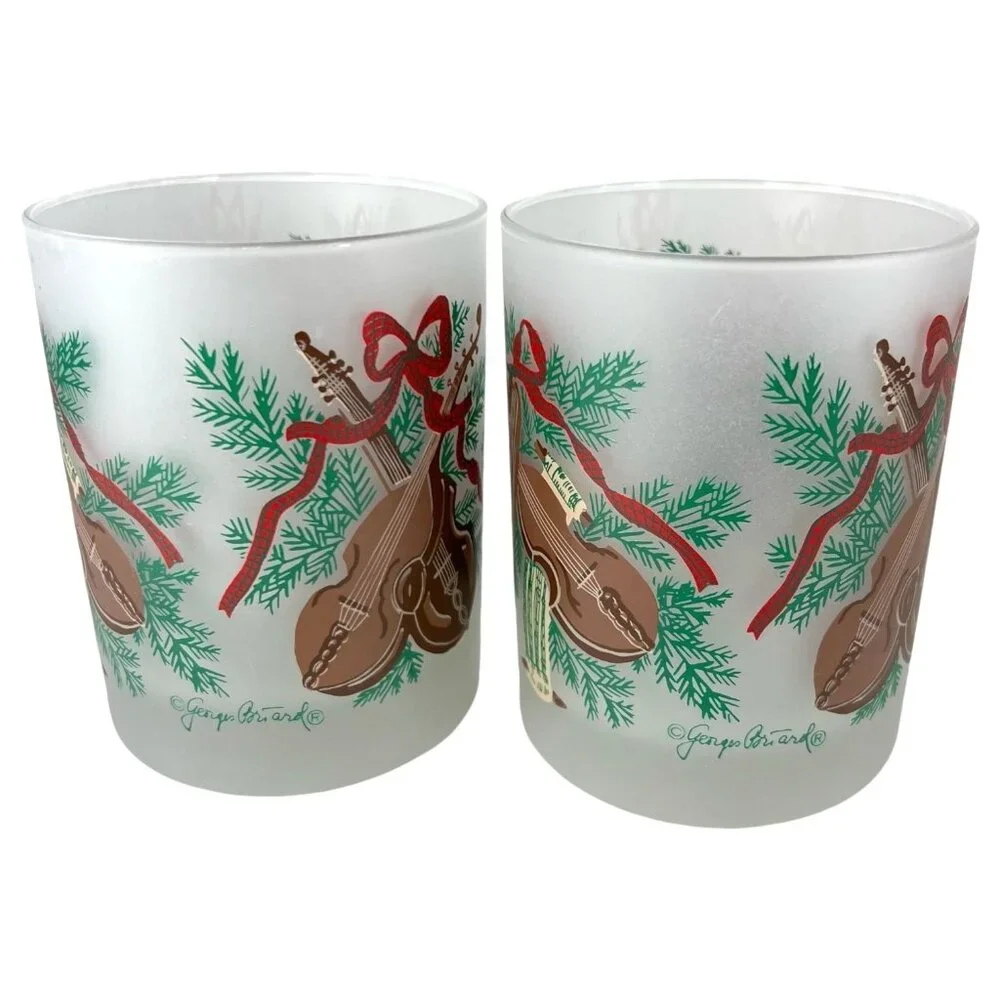 2 Georges Briard Christmas Glasses Frosted Old Fashioned Violin Drum‎ Harp VTG